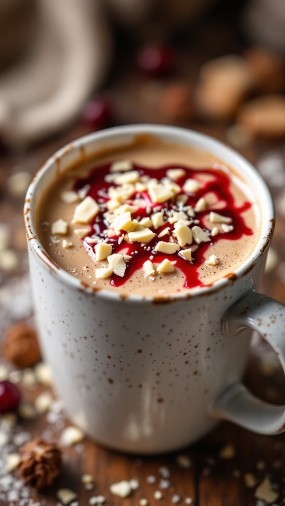 A cozy cup of cranberry white chocolate mocha topped with whipped cream and garnished with white chocolate shavings.