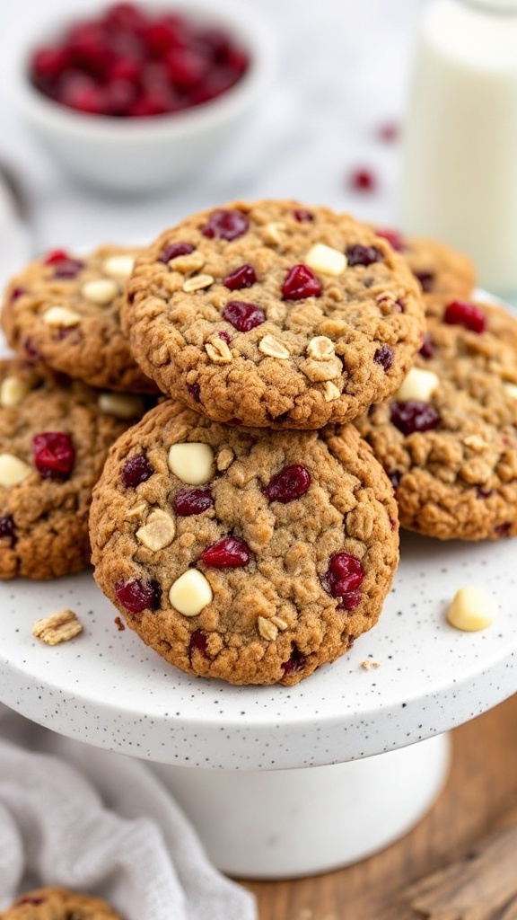 Cranberry white chocolate oatmeal cookies on a stand