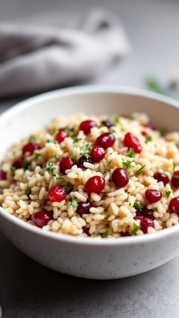A bowl of cranberry wild rice pilaf garnished with fresh herbs.