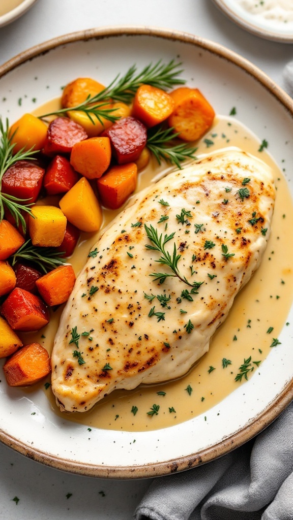 Creamy chicken with roasted root vegetables on a plate.