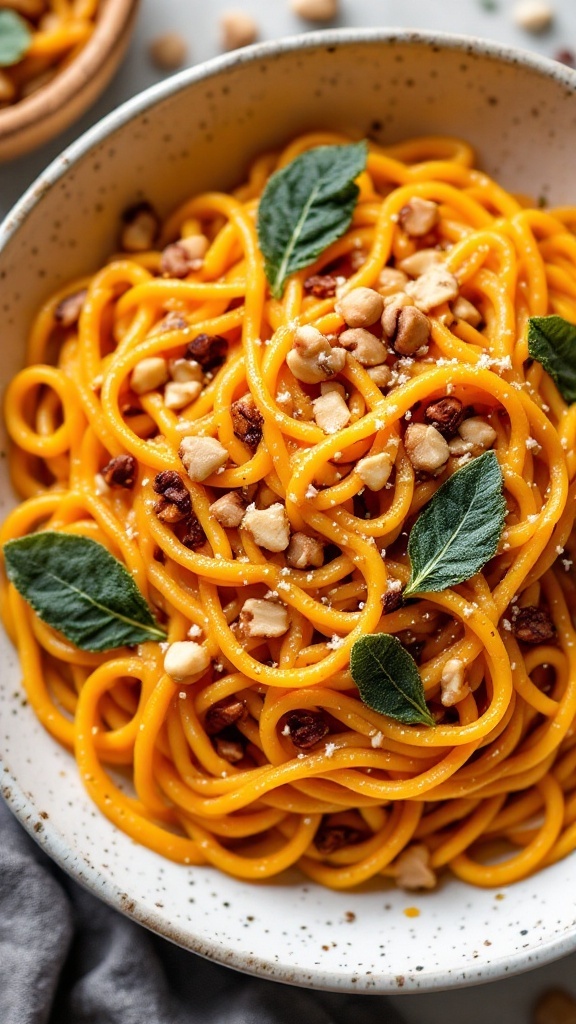 A bowl of creamy pumpkin pasta topped with sage leaves and hazelnuts.