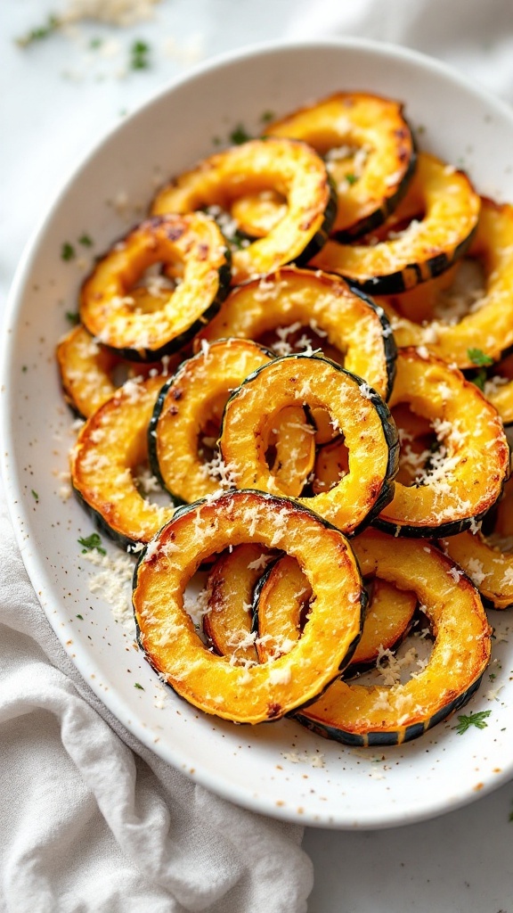 Crispy Parmesan Delicata Squash Rings arranged on a platter.