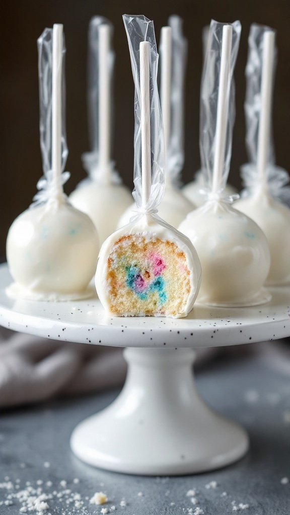 Colorful cake pops shaped like crystal balls on a stand.