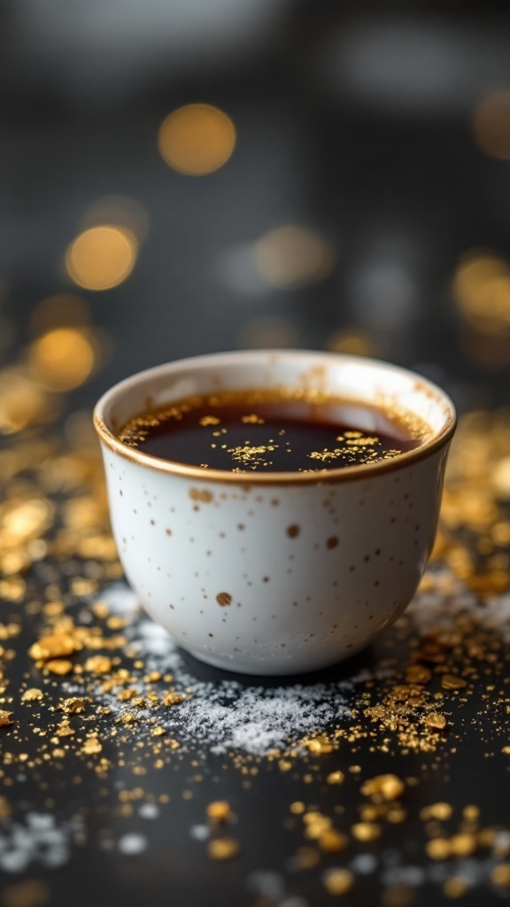 A dark cocktail with gold flakes served in a small cauldron-style glass, surrounded by festive decorations.
