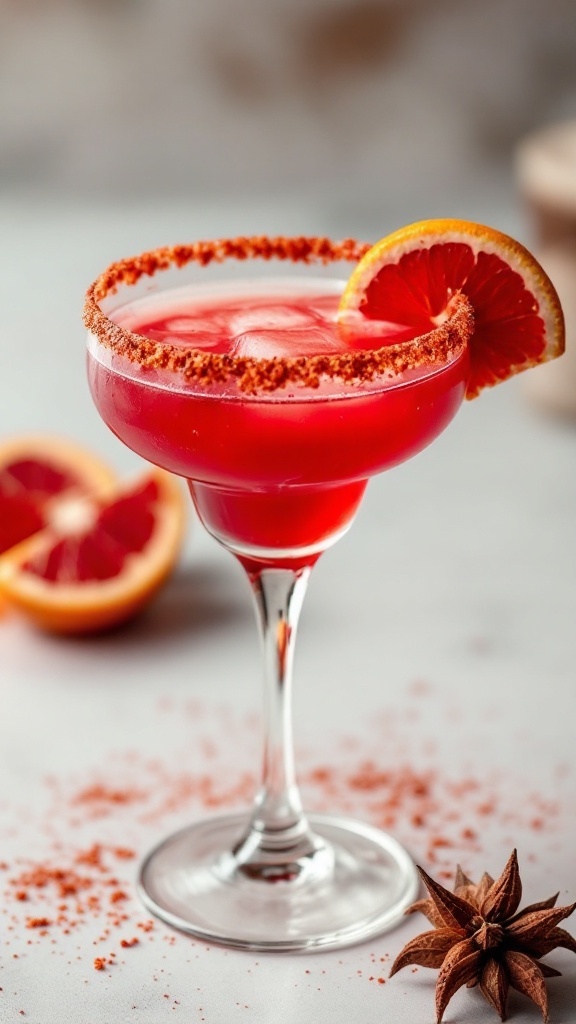 A vibrant red cocktail with a chili powder rim and a blood orange slice on the glass, perfect for Halloween celebrations.