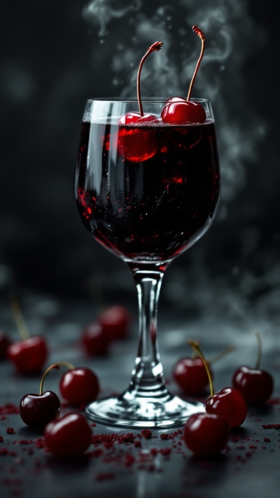 A dark Halloween cocktail with cherries