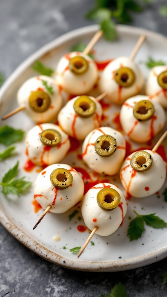 Eyeball Caprese Skewers with mozzarella, olives, and sauce.