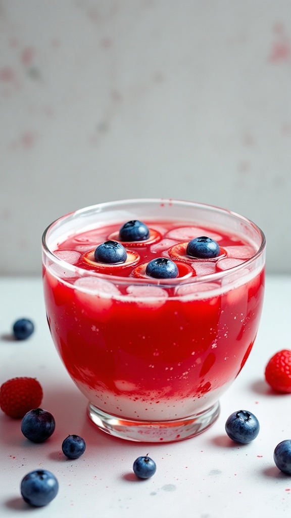 A bowl of spooky Eyeball Punch, featuring floating gummy eyeballs.