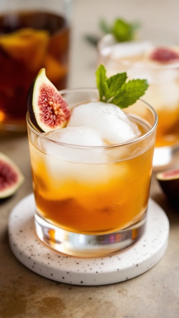A refreshing fig and vanilla bourbon cocktail garnished with mint and a slice of fig.