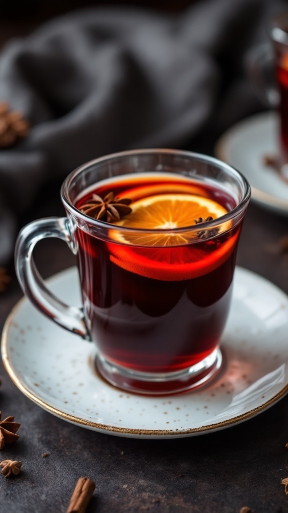 A steaming cup of mulled wine garnished with orange slices and cinnamon sticks.