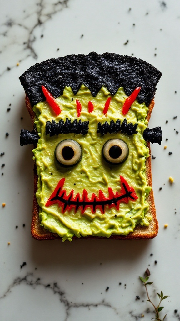 Frankenstein-themed avocado toast with creative decorations.