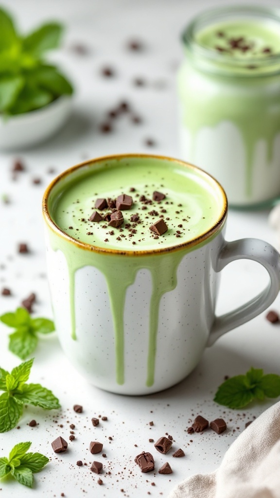 A vibrant green matcha latte topped with whipped cream and mint leaves, evoking a festive Halloween vibe.