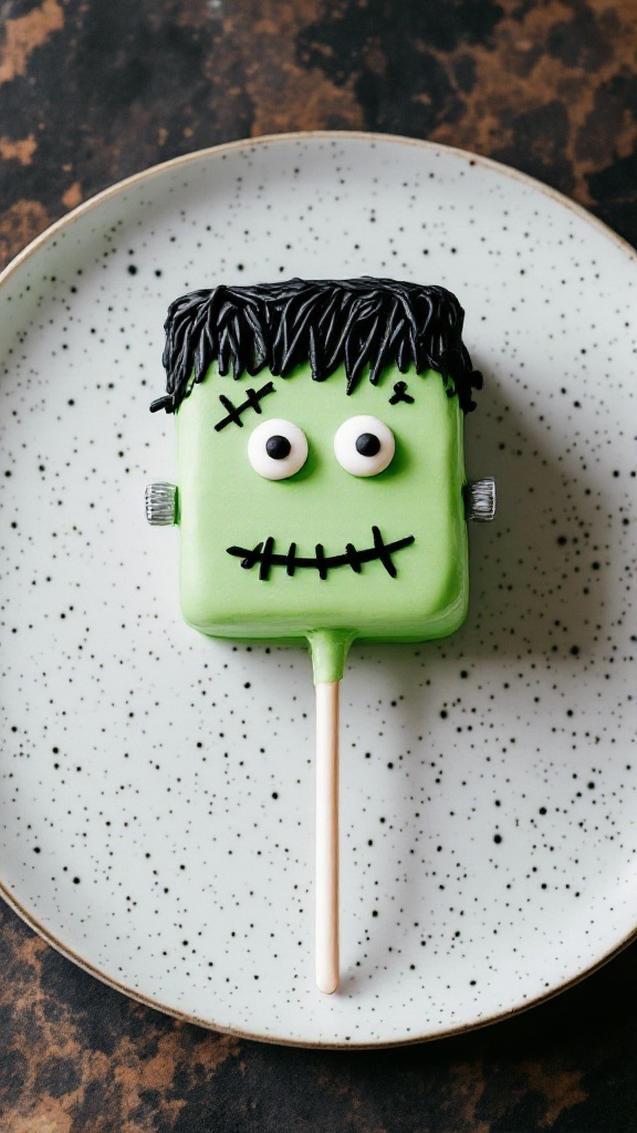 Frankenstein Monster Cake Pops decorated with bolts and stitches.