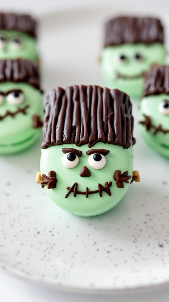 Frankenstein Monster Macarons with green shells and chocolate details.