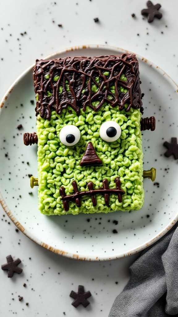 Frankenstein Rice Krispie Squares decorated for Halloween