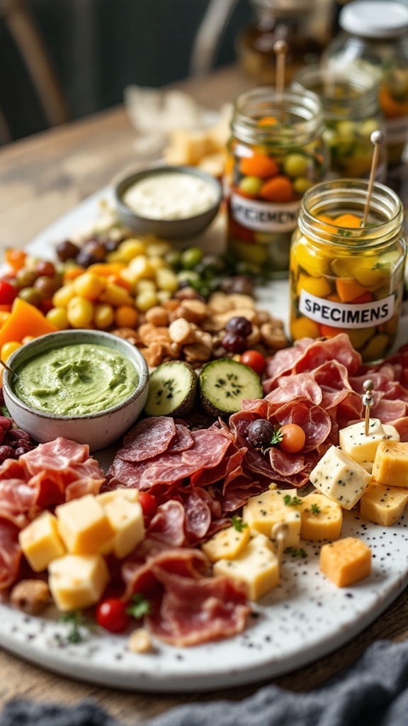A festive Halloween charcuterie board with colorful cheeses, meats, crackers, and fresh vegetables.