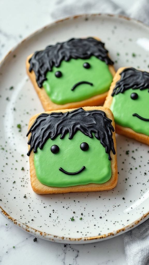 A plate of decorated Halloween sugar cookies shaped like Frankenstein's monster.