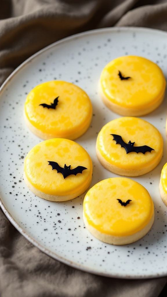 Decorative Halloween sugar cookies shaped like a full moon with bats.
