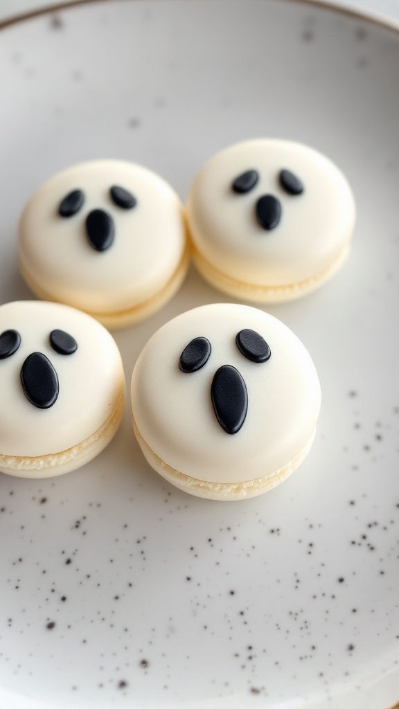 Ghost macarons with white shells and black royal icing faces