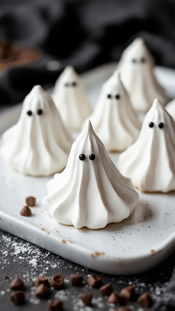 A plate of ghost-shaped meringue cookies with chocolate eyes