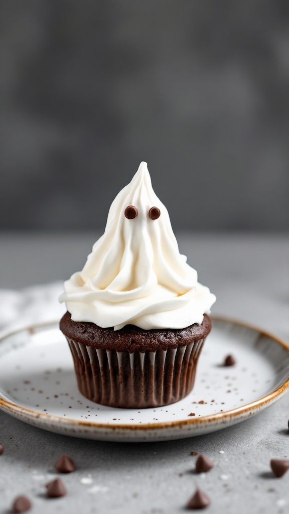 Ghost meringue cupcake with chocolate base and meringue ghost topping