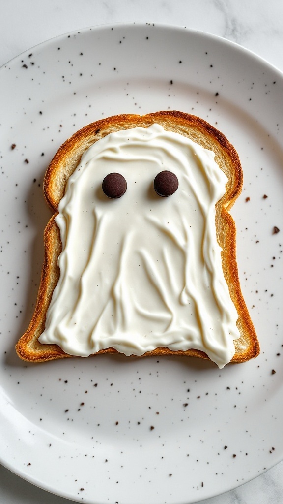 Spooky ghost toast with cream topping and chocolate chip eyes on a plate