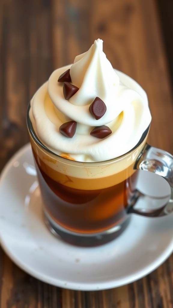 A delicious Ghost Whip Latte topped with whipped cream and chocolate chips.