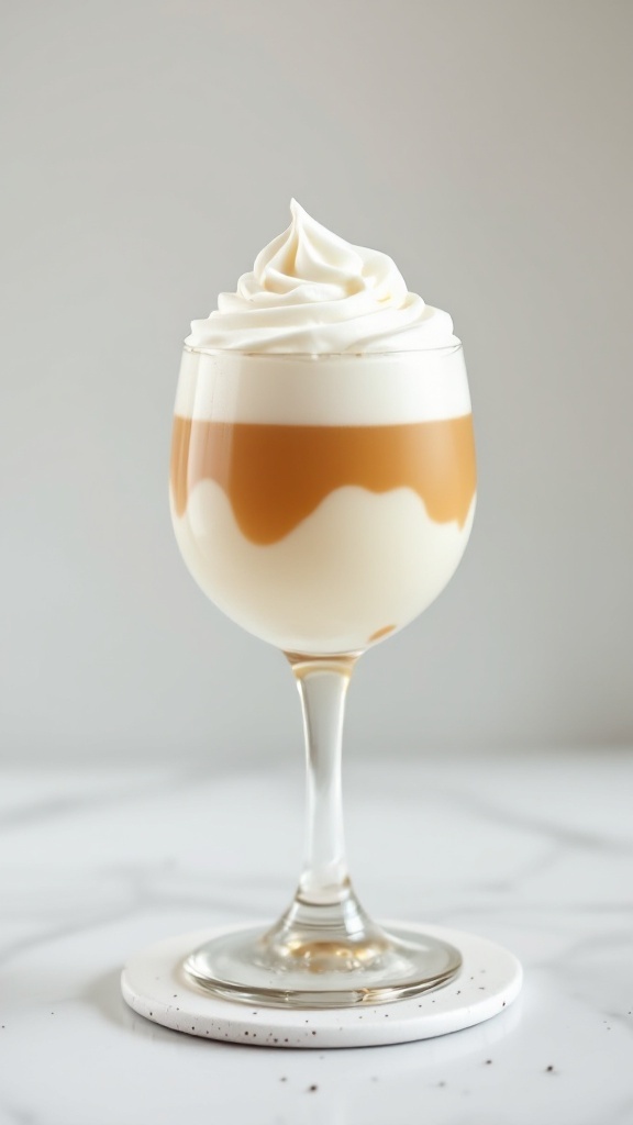 A Ghost White Russian cocktail in a glass, topped with whipped cream.