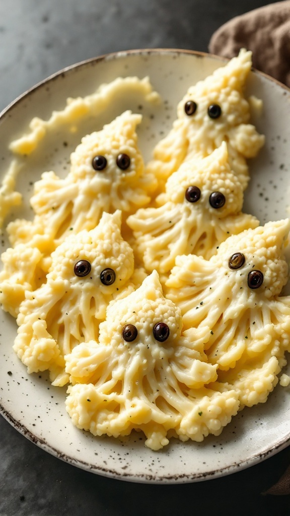 A plate of cauliflower mash shaped like ghosts with olive eyes.