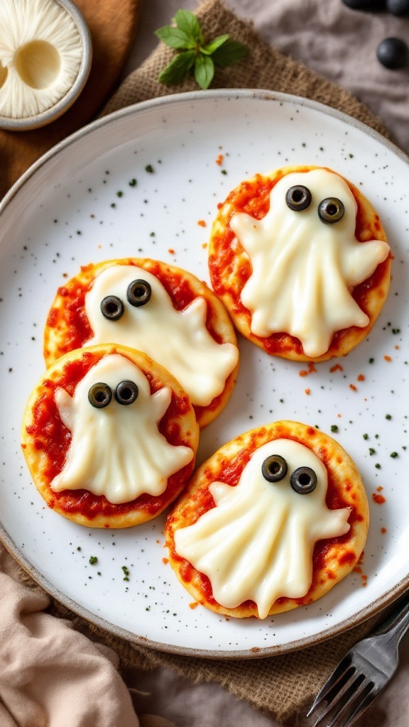 Ghostly Cheese Pizza Bites with mozzarella cheese and black olive eyes on a white plate.