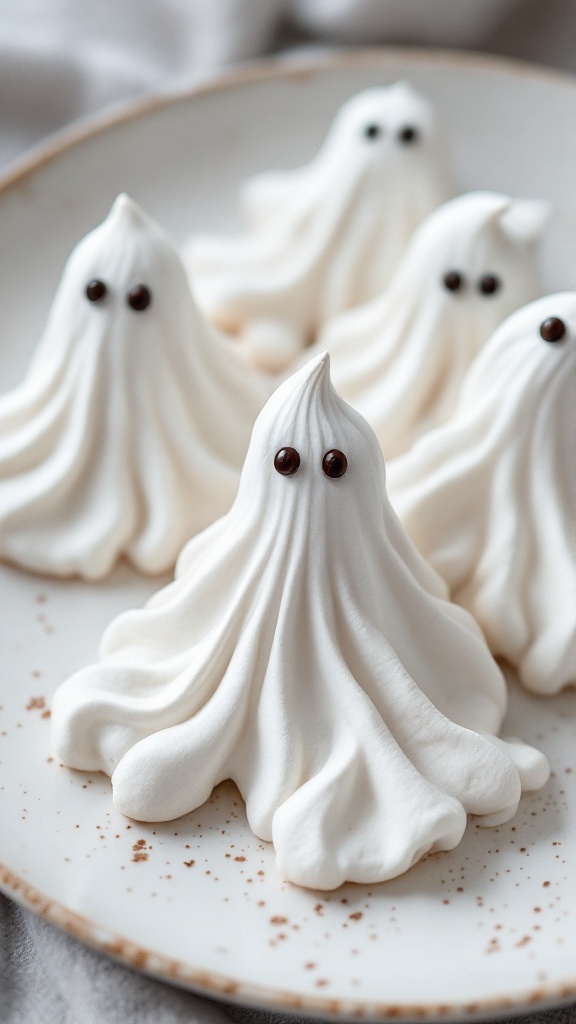Ghostly meringue cookies shaped like ghosts on a plate.