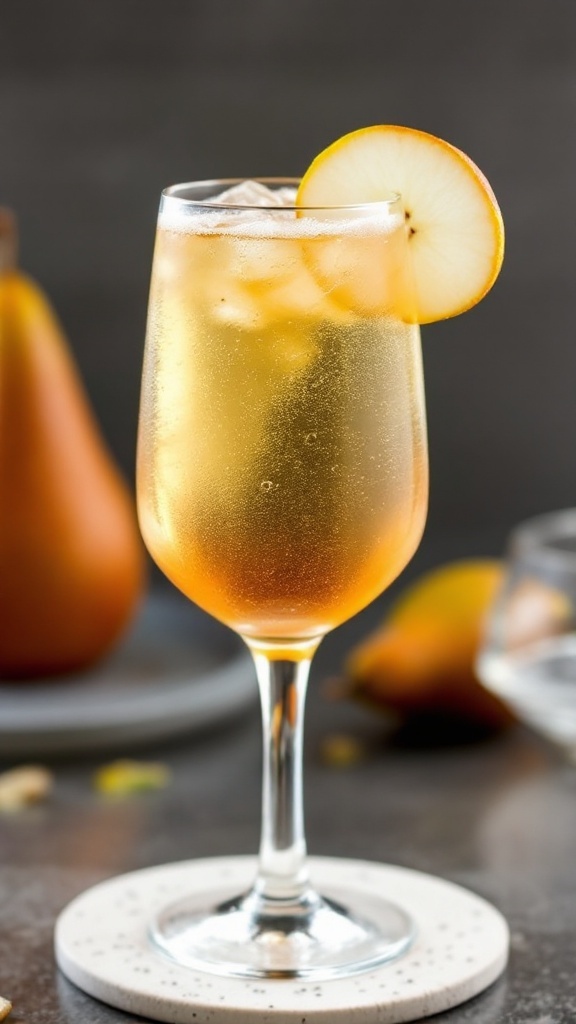 A refreshing Ginger Pear Fizz cocktail in a glass with ice and a pear slice.