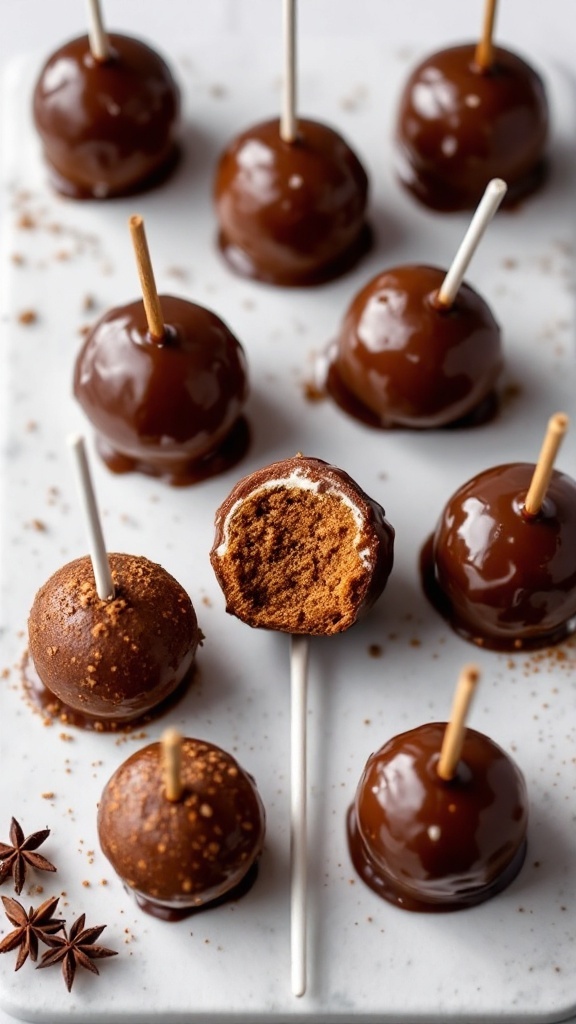 Gingerbread cake pops with molasses glaze and festive decorations.