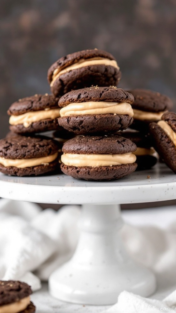 Gingerbread Maple Cream Sandwich Cookies on a pedestal stand.
