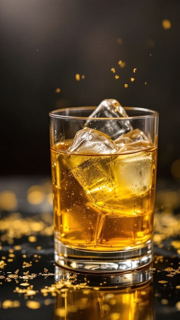 A vibrant golden cocktail in a glass, with ice and glittering effects.