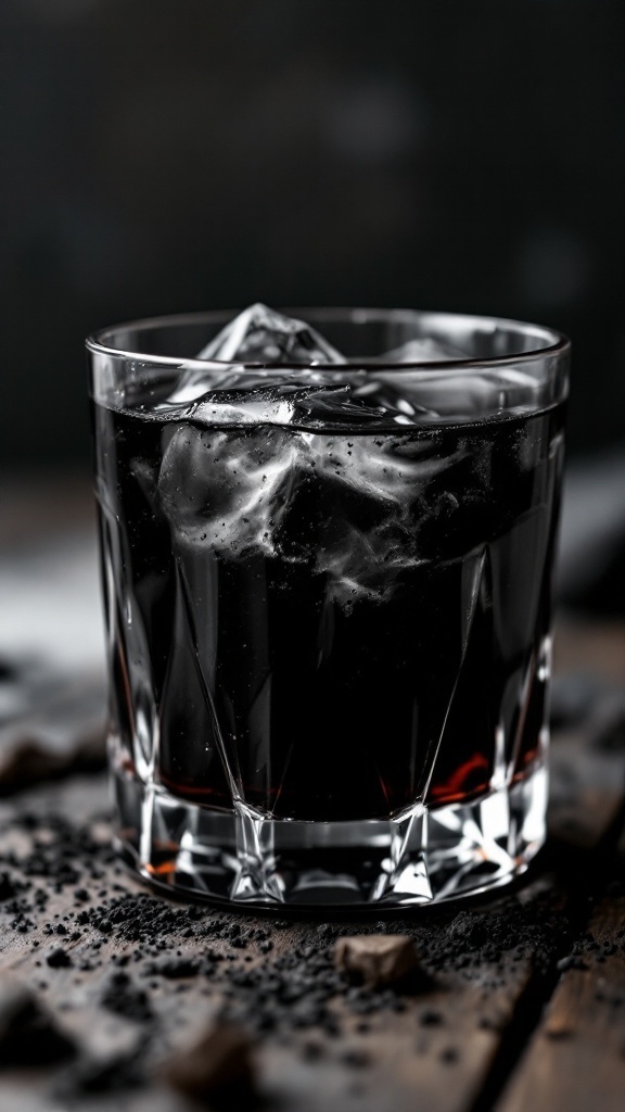 A dark cocktail in a glass with a black rim, topped with bubbles and a lime garnish.