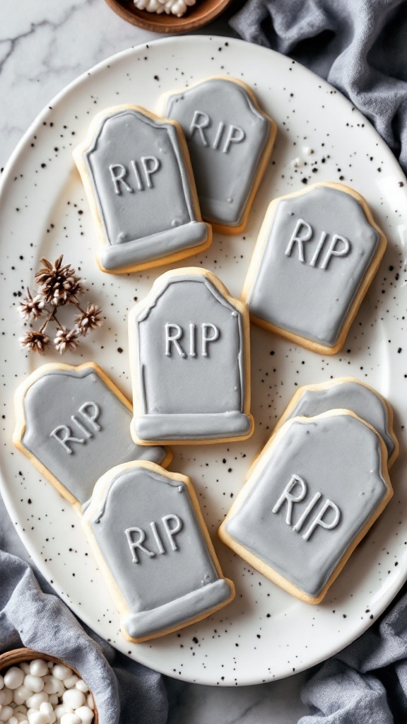 Gravestone-shaped sugar cookies decorated for Halloween.