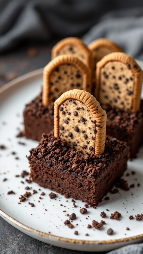 A plate of graveyard brownies decorated with tombstone-shaped cookies and chocolate crumbs.