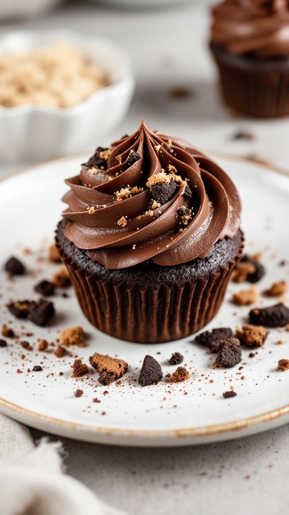 Delicious chocolate cupcake with frosting and cookie crumbs