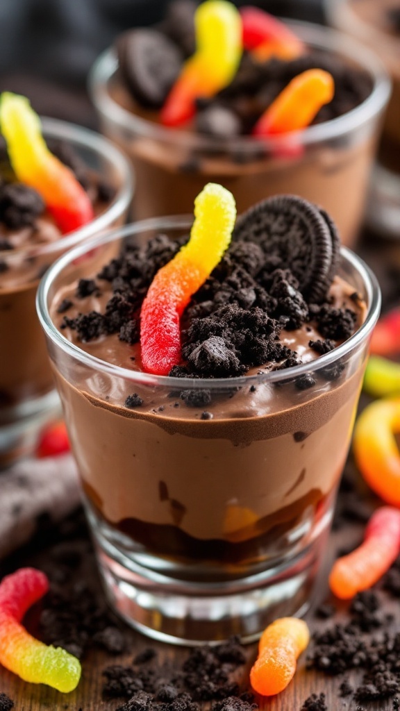 Chocolate pudding cups with crushed cookies and gummy worms for a Halloween treat