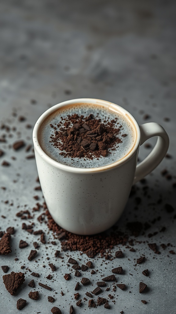A cup of coffee topped with chocolate shavings surrounded by coffee grounds.