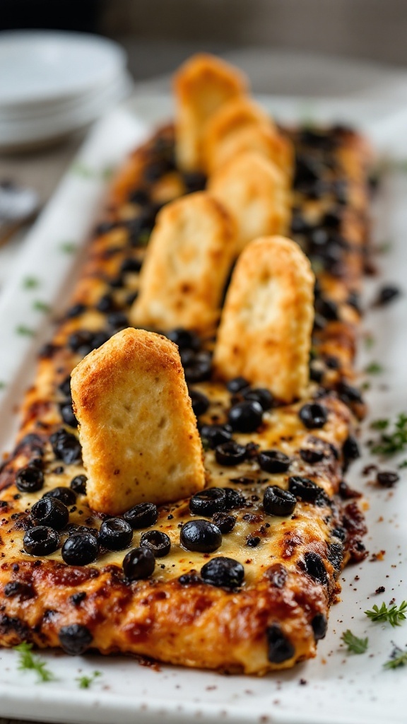 A rectangular Halloween pizza topped with cheese and black olives, with breadstick tombstones.