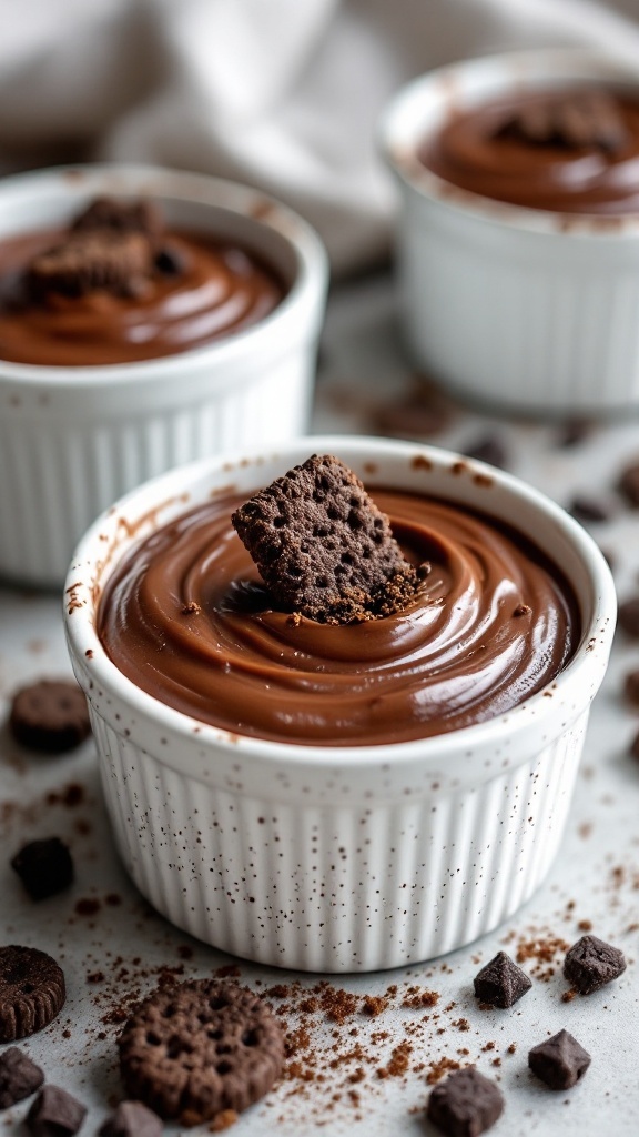 Chocolate pudding cups with cookie crumbs and gummy worms for Halloween.