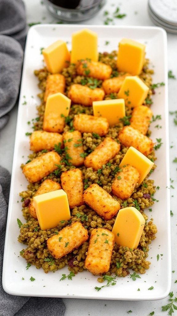 A plate of Halloween-themed Graveyard Tater Tots arranged with cheese tombstones and garnished with green herbs.