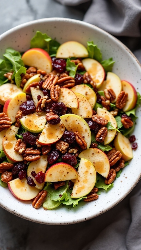 A colorful salad with apples, cranberries, and pecans on a plate