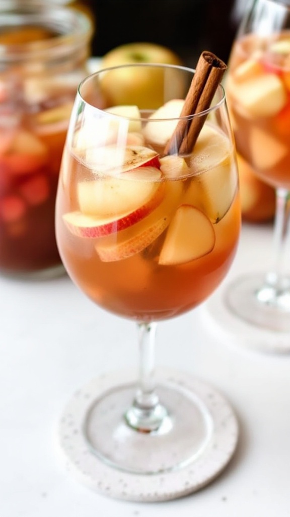 A glass of Harvest Apple Sangria with apple slices and cinnamon sticks
