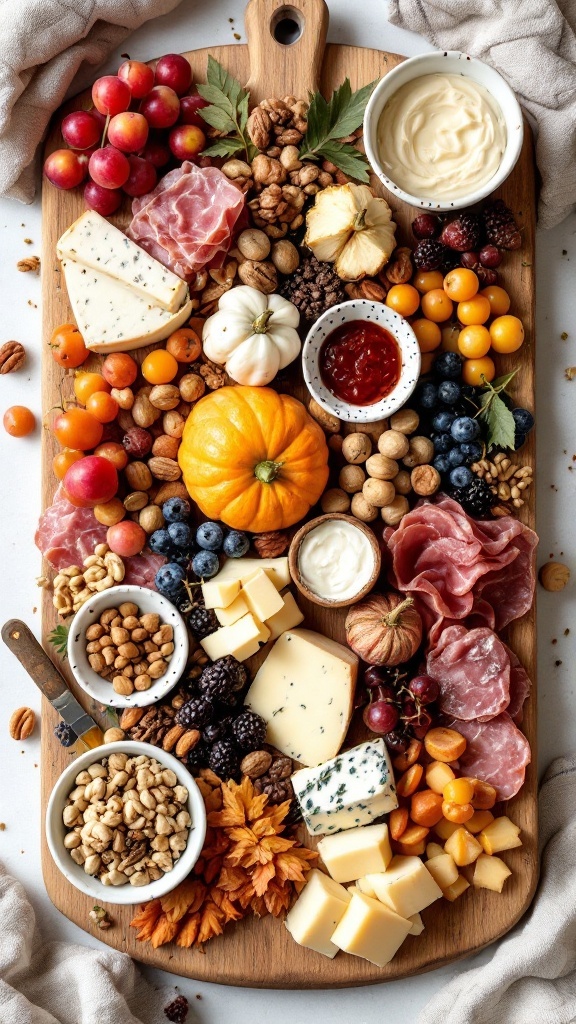 A beautifully arranged charcuterie board featuring fall fruits, assorted cheeses, and nuts.