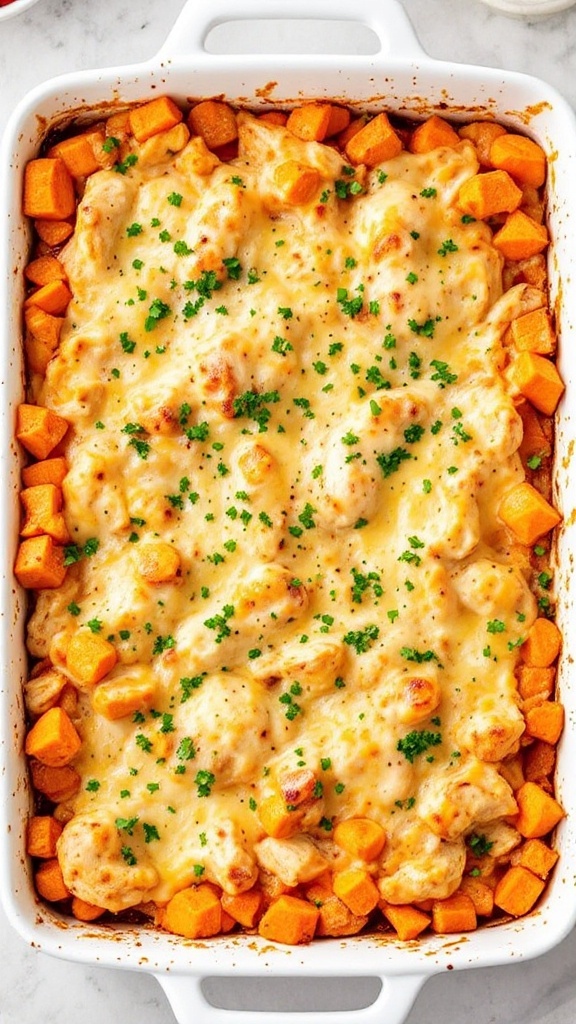 A delicious casserole made with chicken, sweet potatoes, and cheese.