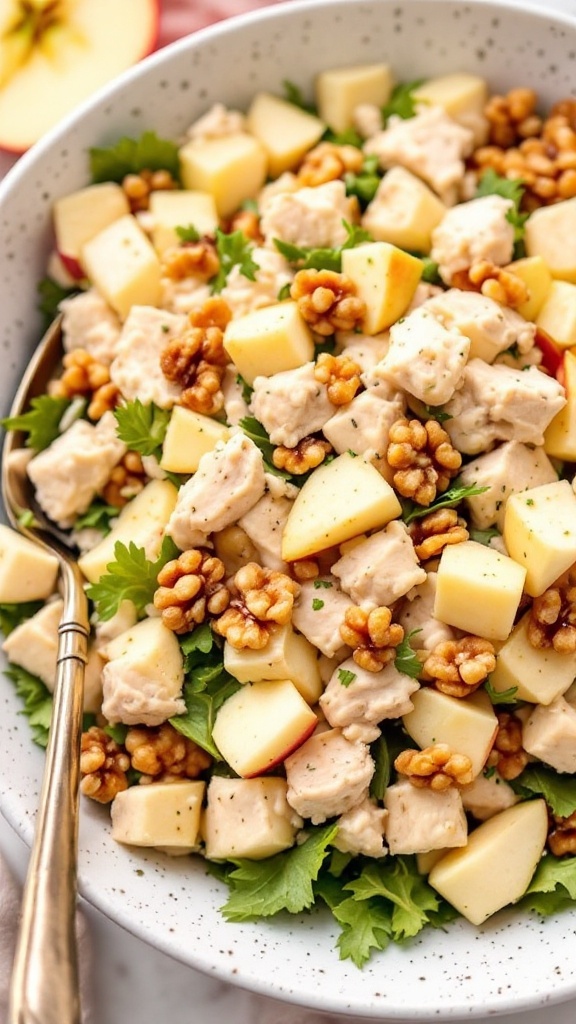 A bowl of Harvest Chicken Salad with apples and walnuts