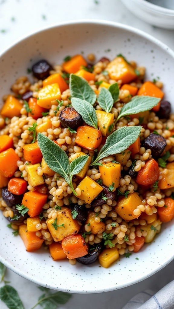 A colorful bowl of Harvest Farro Salad with roasted root vegetables, garnished with fresh herbs.
